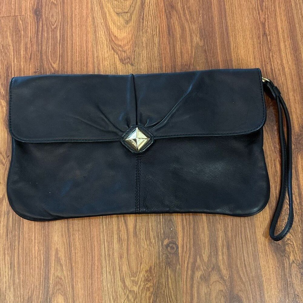 Franchi black genuine leather clutch purse bag with gold detail hardware